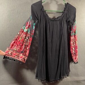 whimsygoth‎ Women dress Medium Black Embroidered mesh festival Boho Pom